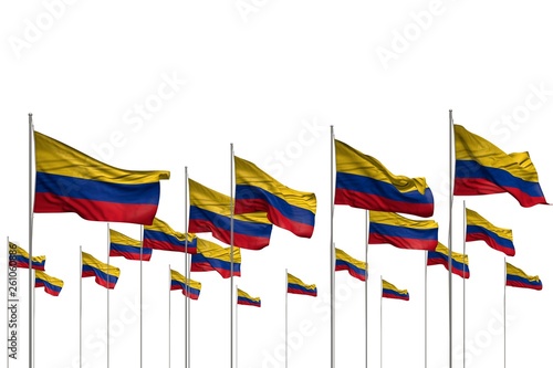 wonderful many Colombia flags in a row isolated on white with empty place for text - any feast flag 3d illustration..