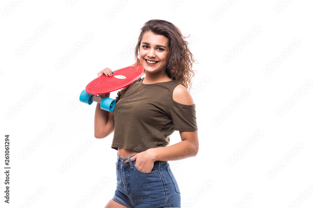 Portrait of teen girl in sunglasses posing with skateboard while standing isolated over white background Portrait of teen girl in sunglasses posing with skateboard while standing isolated over white background