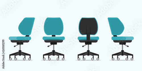 Office chair or desk chair in various points of view. Armchair or stool in front, back, side view. Blue furniture for Interior in flat design. Vector illustration.
