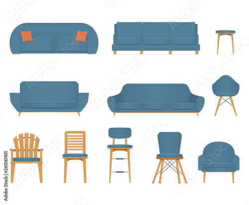 Flat design icon set of chair sofa and furniture. Modern furniture in flat gradient style. Vector Illustration .