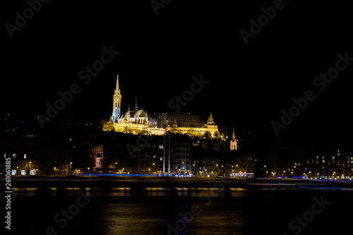 View of the Buda bank of the Danube river at Budapest city at night time