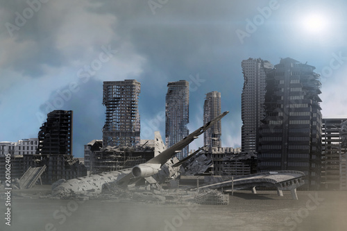 view of the destroyed post-apocalyptic city 3D render