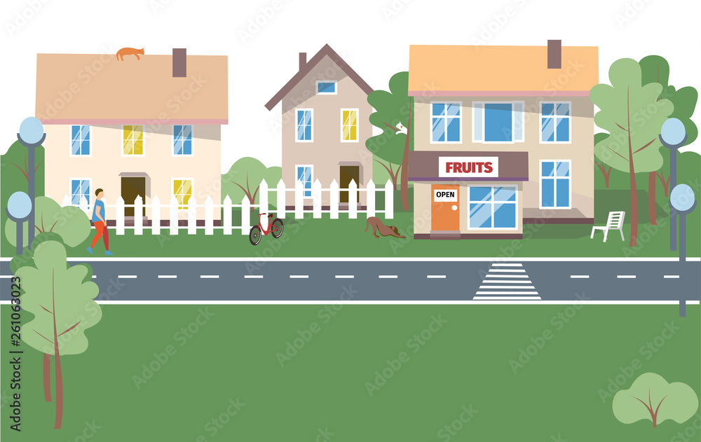 City Background - modern flat design style vector illustration on white background. Lovely housing complex with small buildings, trees, pedestrian zone with people walking, Shopping and Excensive
