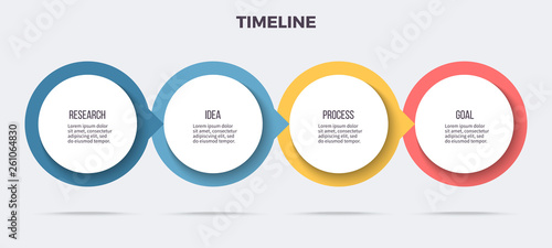 Business infographics. Timeline with 4 steps, options, circles. Vector template.