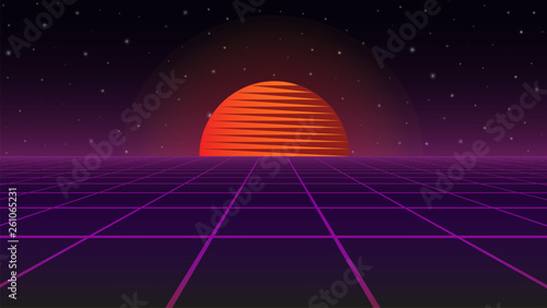 Abstract futuristic landscape 1980s style. Vector illustration. Retro Sci-Fi background. 