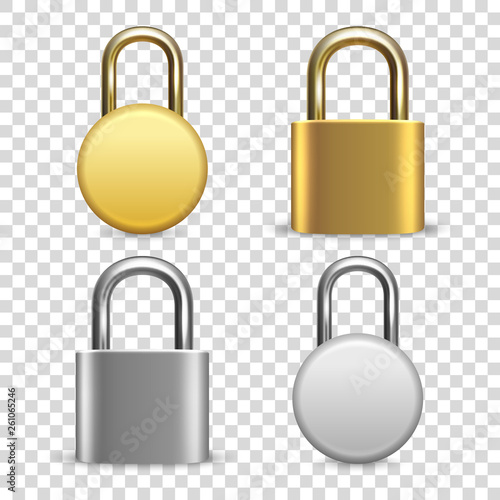 Vector 3d Realistic Closed Metal Golden and Silver Padlock Icon Set Closeup Isolated on Transparent Background. Design Template of Gold, Steel Lock for Protection Privacy, Web and Mobile Apps, Logo