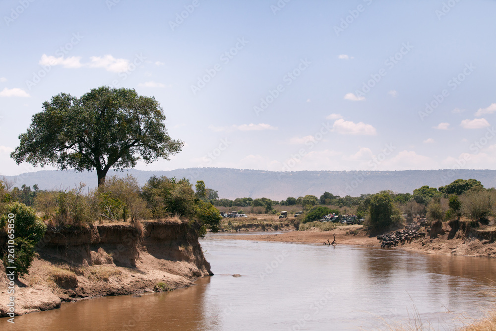 Obraz premium A mara river view with tourists waiting for the migration, Kenya