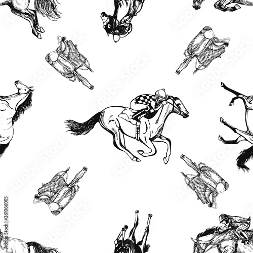Seamless pattern of hand drawn sketch style horses, jockeys on a horses and saddles. Vector illustration isolated on white background.