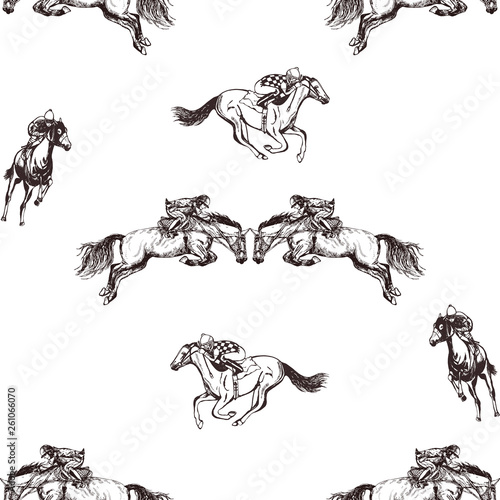Seamless pattern of hand drawn sketch style jockeys on a horses. Vector illustration isolated on white background.