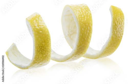 Lemon peel or lemon twist on white background. Clipping path.