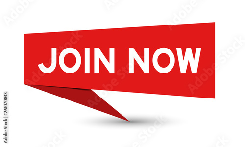 Red paper speech banner with word join now on white background (Vector)