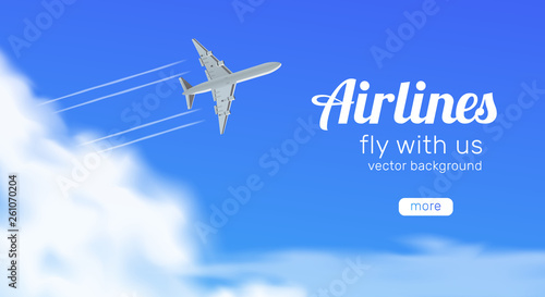 airlines  travel banner. airplane flying in blue sky bottom view