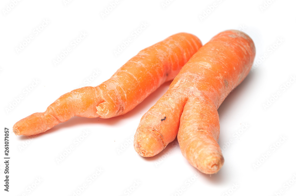 closeup of deformed carrots on white background closeup of deformed carrots on white background