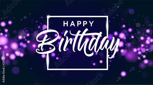 Happy birthday blue bokeh sparkle glitter luxury glamor background. Abstract defocused circular party magic birthday. Glamorous elegant shiny background for birthday design for invitation or flyer.