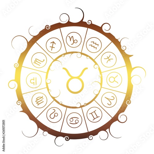 Astrological symbols in the circle. Golden metallic gradient. Bull sign