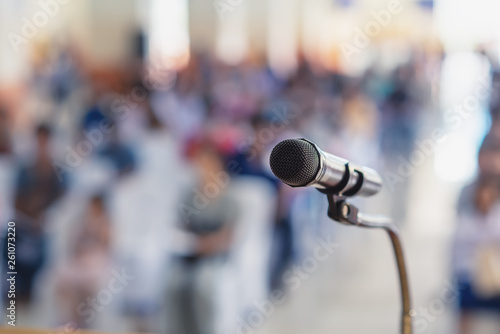 Soft focus of head microphone on stage of Student Parents Meeting in summer school or event whit blurred background,Education meeting on stage concept and copy space,selective focus to head microphone