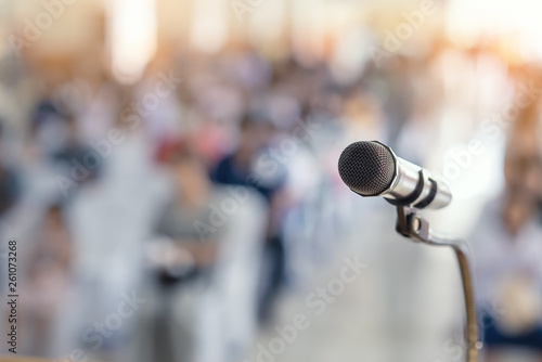 Slika na platnu Soft focus of head microphone on stage of Student Parents Meeting in summer scho