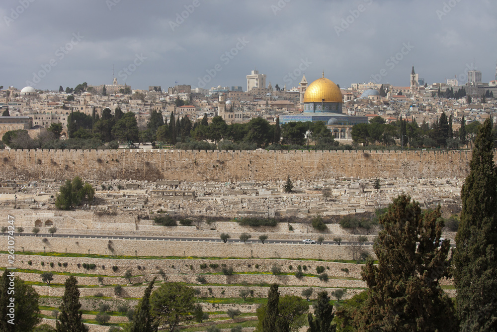 View on Jerusalem with the Dome of the Rock from the Mount of Olives in sunny day. Israel.