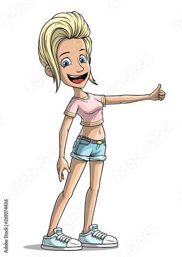 Cartoon smiling blonde cheerful standing girl character. Showing hitchhiking sign. Isolated on white background. Vector icon.