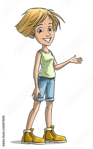 Cartoon smiling blonde cheerful standing girl character. Isolated on white background. Vector icon.