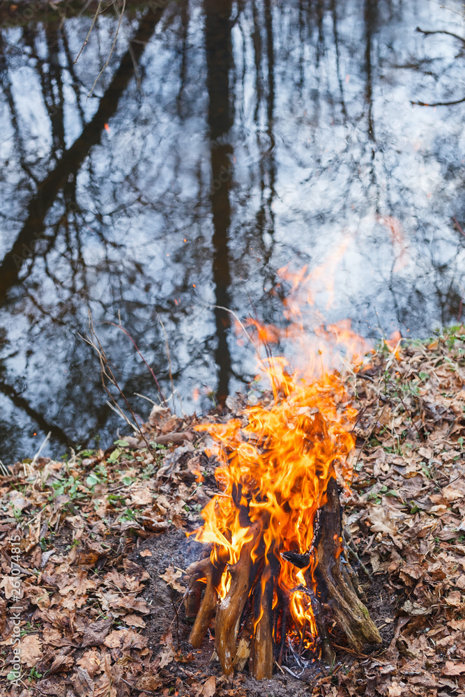 Bonfire on the bank of a forest river in the evening Bonfire on the bank of a forest river in the evening