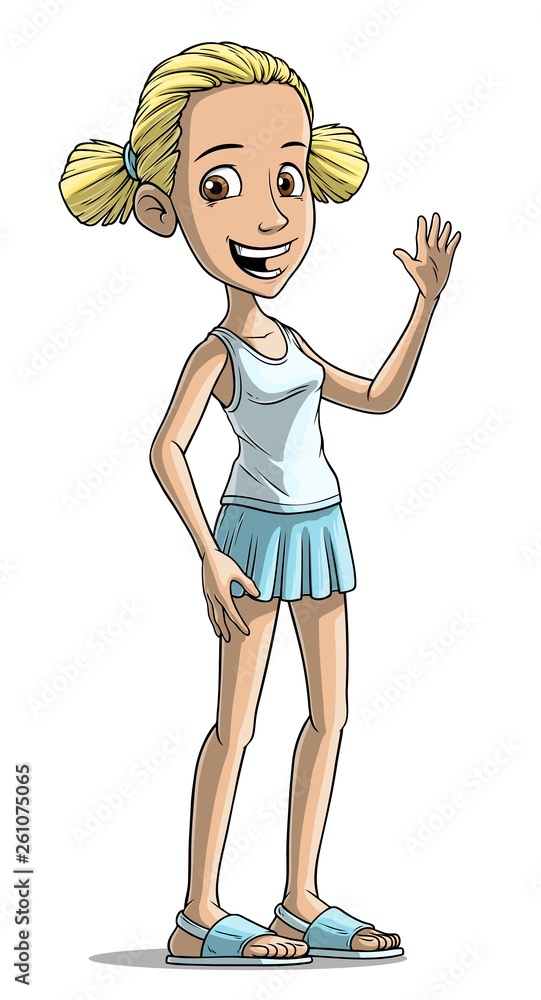 Cartoon smiling blonde cheerful standing girl character. Sport style. Isolated on white background. Vector icon. Cartoon smiling blonde cheerful standing girl character. Sport style. Isolated on white background. Vector icon.