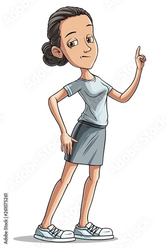 Cartoon serious brunette standing girl character. Sport coach or teacher. Isolated on white background. Vector icon.