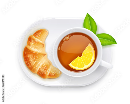 Tea cup and croissant on plate. Traditional hot drink for breakfast. Tea time. Herbal tonic beverage. Isolated white background. Eps10 vector illustration.