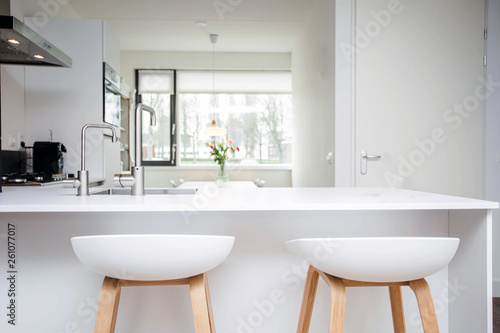 Bar stools by modern white kitchen island  new and clean modern design