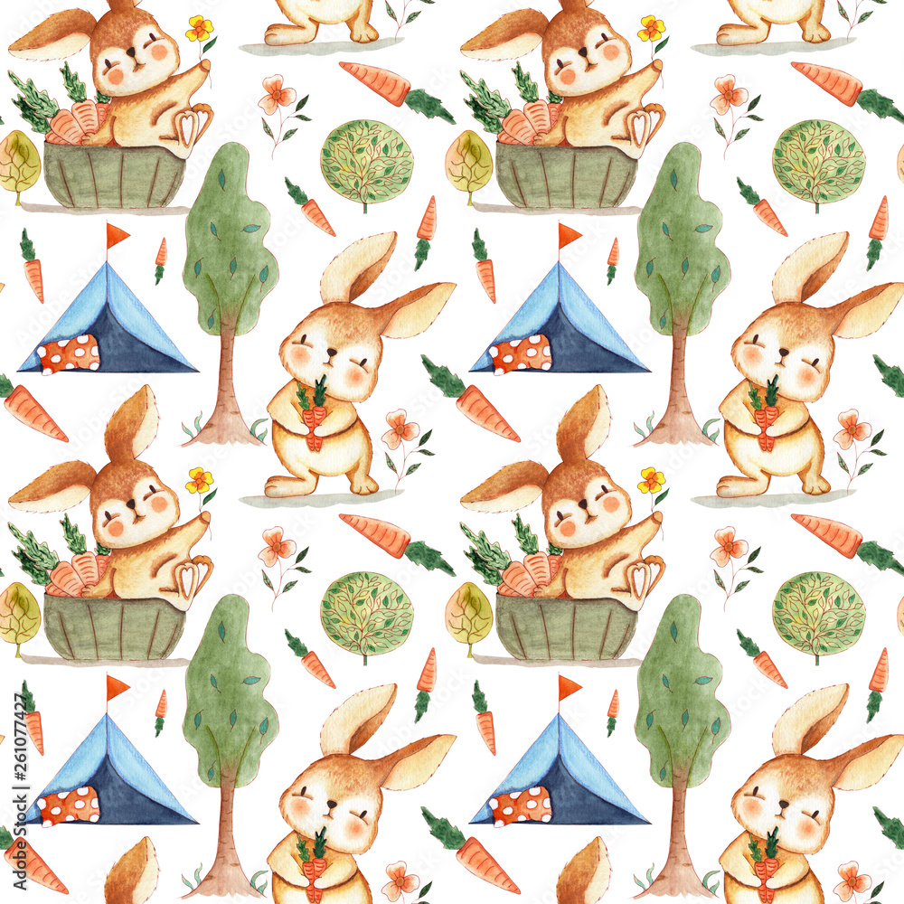 Fototapeta premium Bunny Camping Collection Seamless repeat pattern