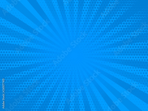 Retro comic rays blue dots background. Vector illustration in pop art retro style