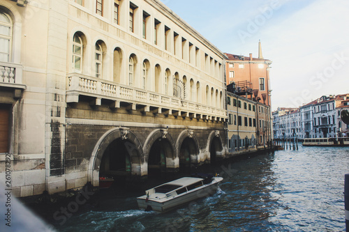 Grand Canal in Venice on a sunny day  Italy. Venice in the sunlight. Scenic panoramic view of Venice in winter. Cityscape and landscape of Venice. Romantic water trip.
