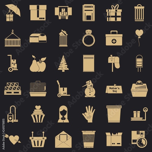 Box in truck icons set. Simple style of 36 box in truck vector icons for web for any design