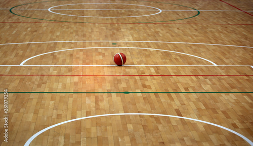 basketball court with a wooden parquet and a ball © ChiccoDodiFC