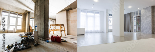 flat renovation, empty room before and after refurbishment old and new interior photo