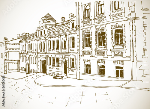 Hand drawn urban landscape. Old European city street. Ink drawing sketch on white background