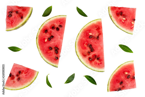Fototapeta Naklejka Na Ścianę i Meble -  Sliced watermelon on white background. Flat lay, top view