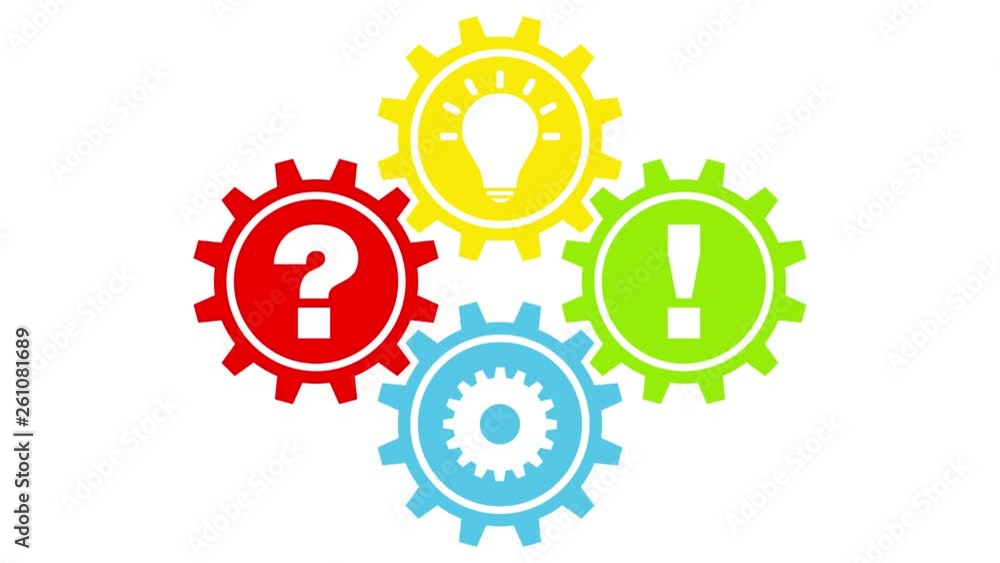 4 Drehende Zahnräder Frage, Idee, Arbeit & Antwort Übereinander Bunt 4 Drehende Zahnräder Frage, Idee, Arbeit & Antwort Übereinander Bunt