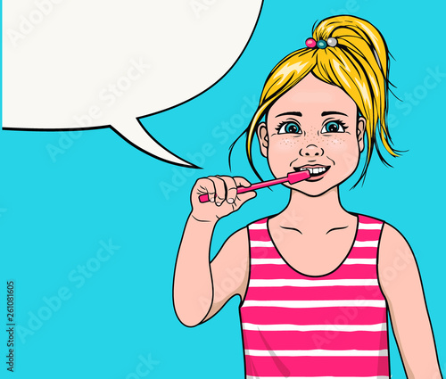 Little girl brushing her teeth. Blank speech bubble. Blue background.  Vector illustration in comic style.