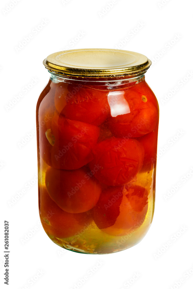 tomatoes canned in glass jars on a white background tomatoes canned in glass jars on a white background