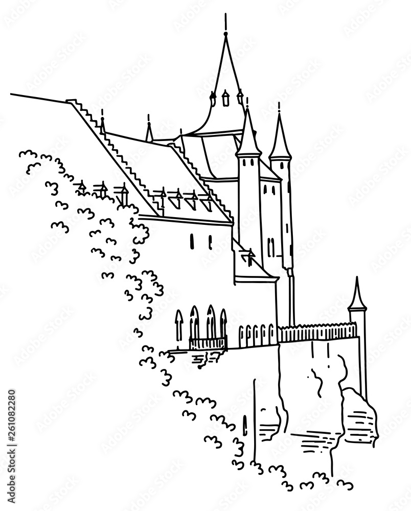 Medieval castle in Segovia, Spain. Hand-drawn in outline graphic style Medieval castle in Segovia, Spain. Hand-drawn in outline graphic style