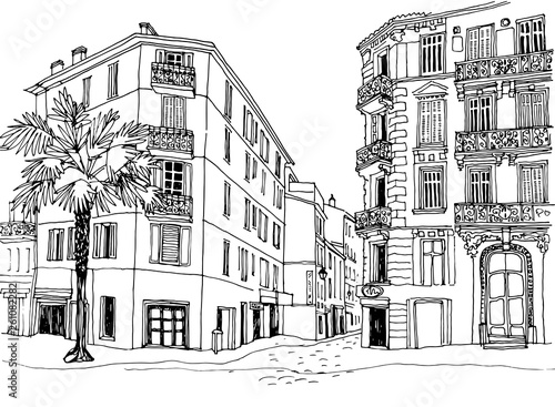Old city street in hand drawn sketch style. Vector illustration. Small European city. Black and white urban landscape on white background
