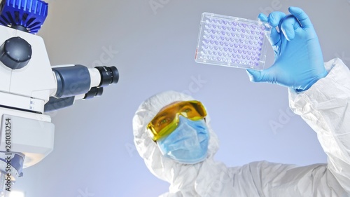 Scientist looks at the medical plate through light.
