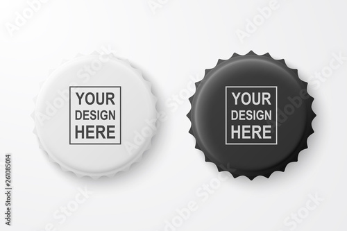 Vector 3d Realistic Black and White Blank Beer Bottle Cap Set Closeup Isolated on White Background. Design Template for Mock up, Package, Advertising. Top and Bottom View
