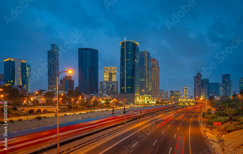  Sunset view of Ayalon highway over Ramat Gun skyscrapers in Tel Aviv , Israel.