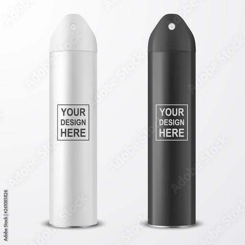 Vector 3d Realistic White and Black Blank Spray Can, Air Freshener Bottle Set Closeup Isolated on White Background. Design Template of Sprayer for Mock up, Package, Hairspray, Deodorant. Front View