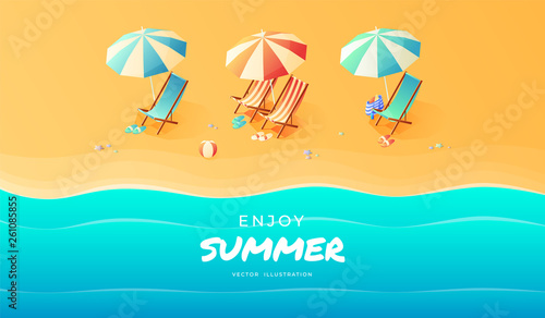 Summer. Vacation and travel concept. Umbrella, beach chair and a ball on the beach. Flat style vector illustration