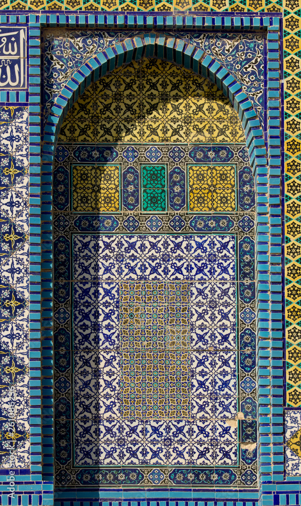 Blue Arabic mosaic tiles and details on the Dome of the Rock, Temple Mount, Jerusalem. Israel.