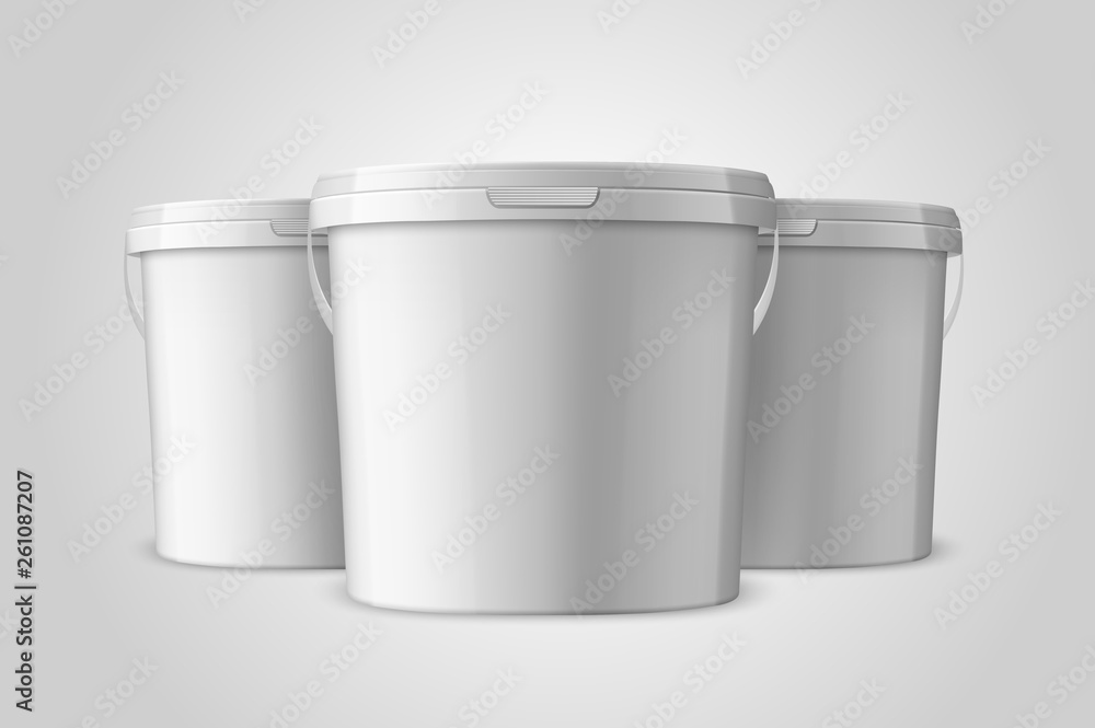 Vector Realistic 3d White Plastic Bucket Set for Food Products, Paint, Foodstuff, Adhesives, Primers, Putty Closeup Isolated on White Background. Design Template of Packagin for Mockup. Front View Vector Realistic 3d White Plastic Bucket Set for Food Products, Paint, Foodstuff, Adhesives, Primers, Putty Closeup Isolated on White Background. Design Template of Packagin for Mockup. Front View
