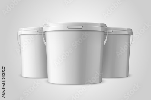 Vector Realistic 3d White Plastic Bucket Set for Food Products, Paint, Foodstuff, Adhesives, Primers, Putty Closeup Isolated on White Background. Design Template of Packagin for Mockup. Front View